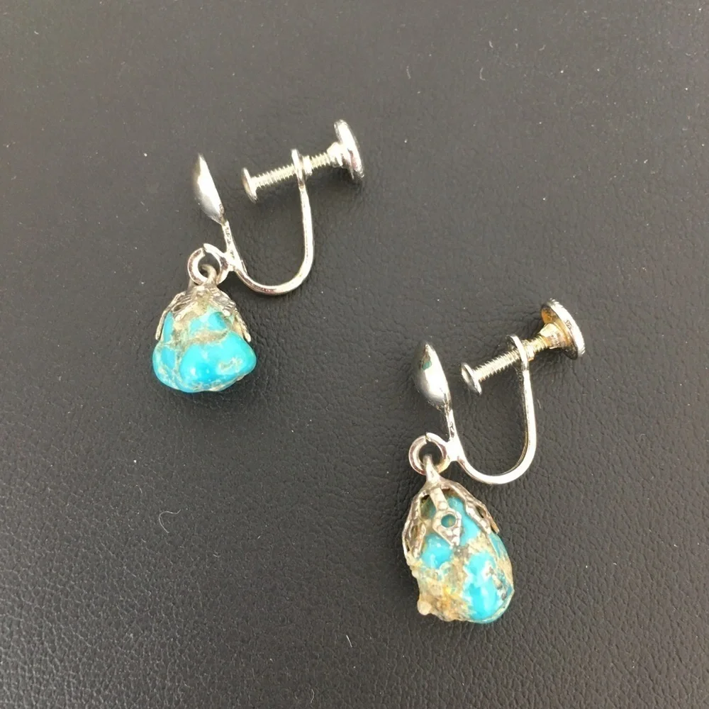 Vintage Screw Back Blue Moon Turquoise Dangle Earrings Silver Tone Filigree